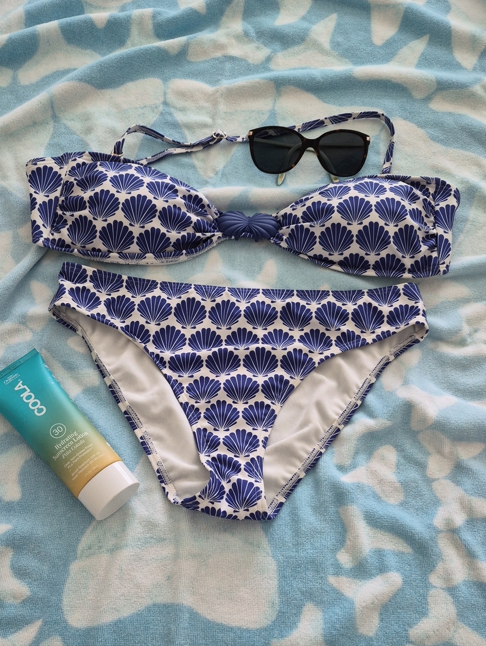 kate spade Blue and White Shell Print Bandeau Top Bikini